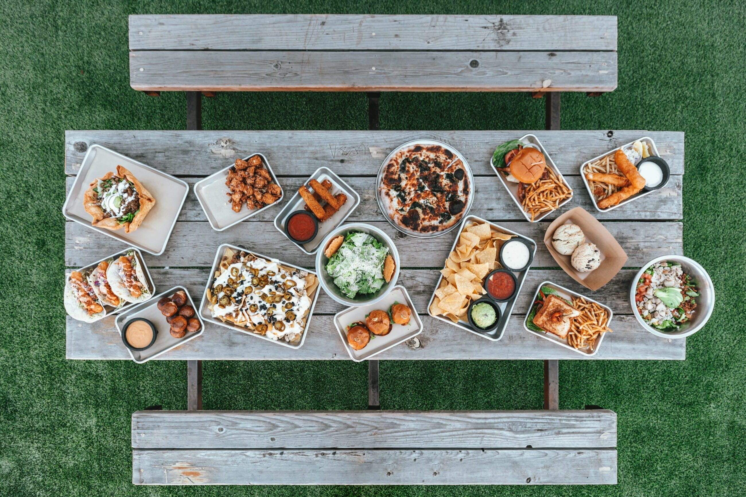 Picnic table with food spread